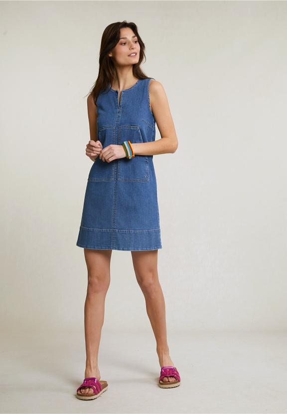 Blue V-Neck Denim Dress 2 Pockets - Denim