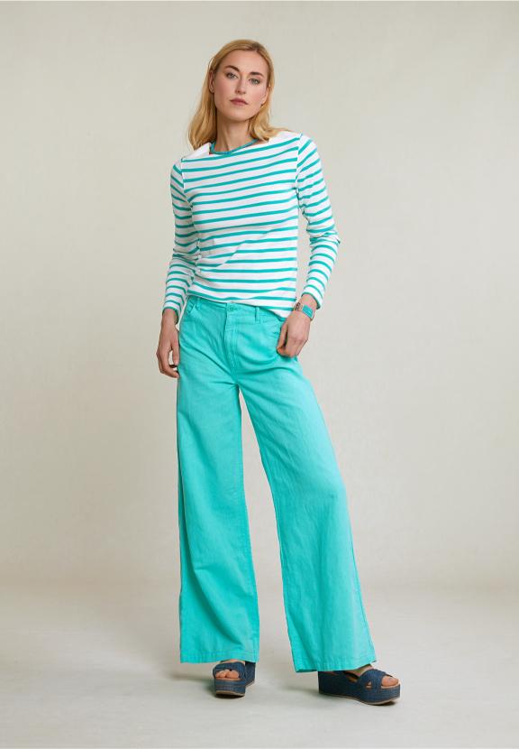 Off White/Green Striped T-Shirt Long Sleeves - Blanc