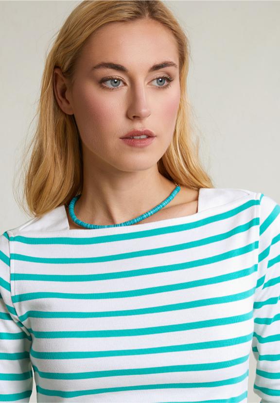 Off White/Green Striped T-Shirt Long Sleeves - Blanc