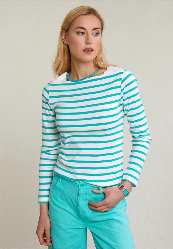 Off White/Green Striped T-Shirt Long Sleeves - Blanc