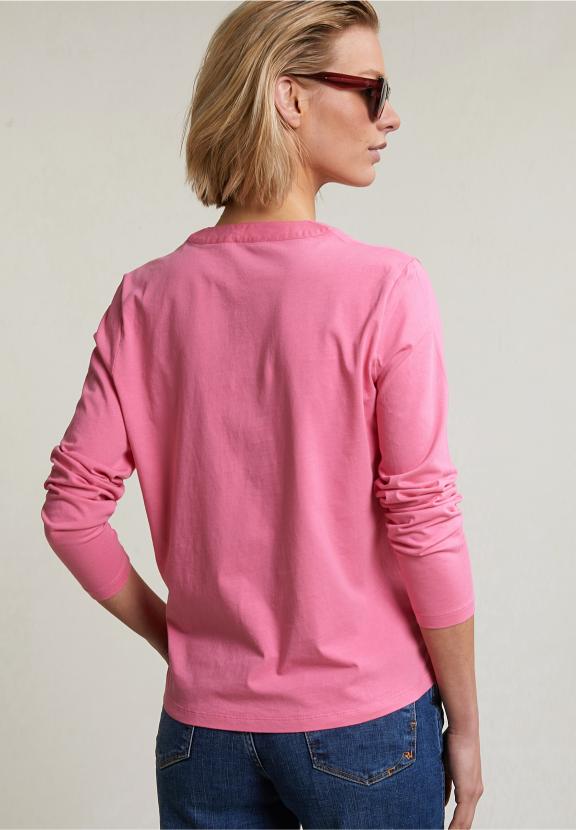 Pink V-Neck T-Shirt Long Sleeves - Rose