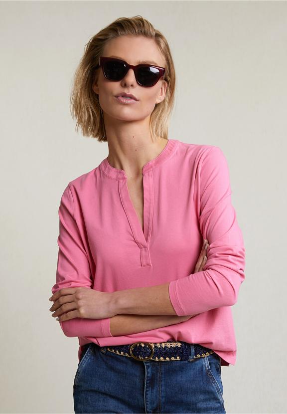Pink V-Neck T-Shirt Long Sleeves - Rose