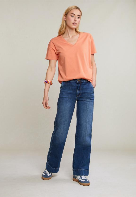 Orange Basic V-Neck T-Shirt Short Sleeves - Orange