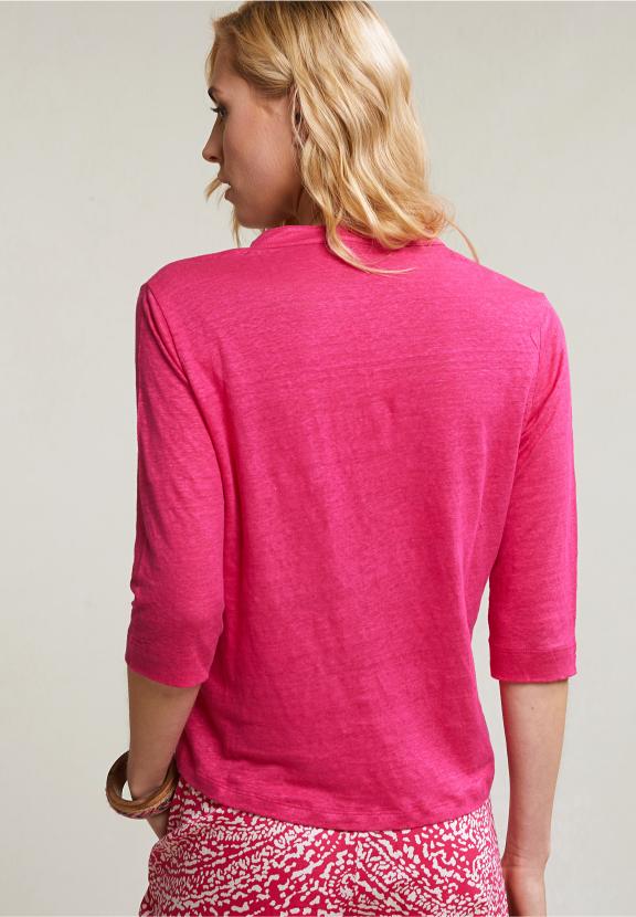 Fuchsia Linen V-Neck T-Shirt With Pocket - Rose