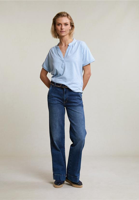 Blue Dotted V-Neck T-Shirt - Bleu