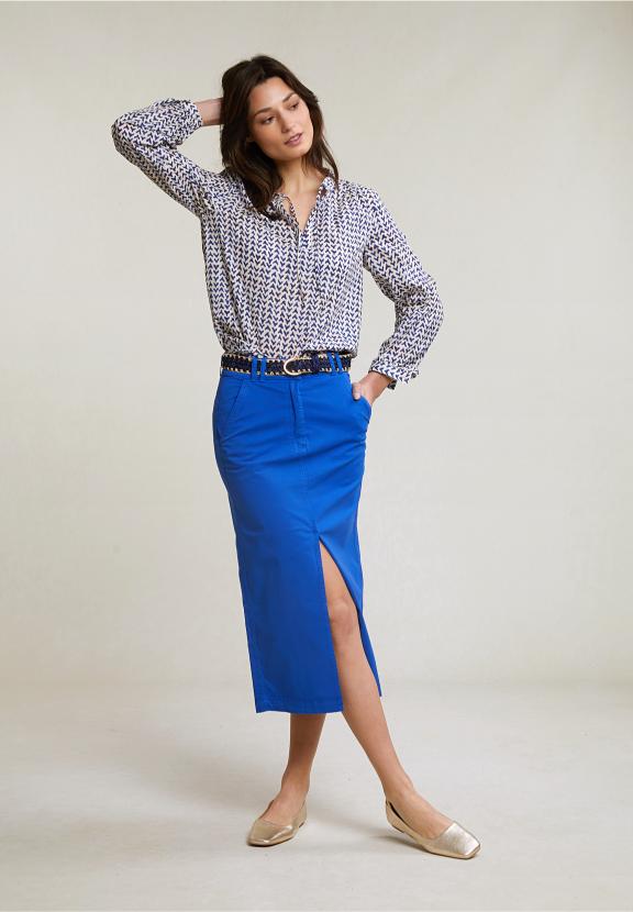 Blue Midi Stretch Skirt With Split - Bleu
