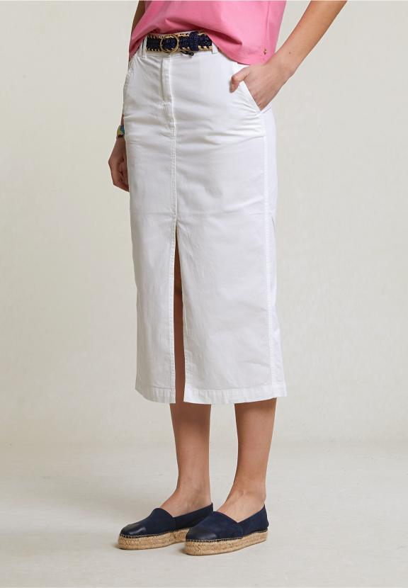 White Midi Stretch Skirt With Split - Blanc