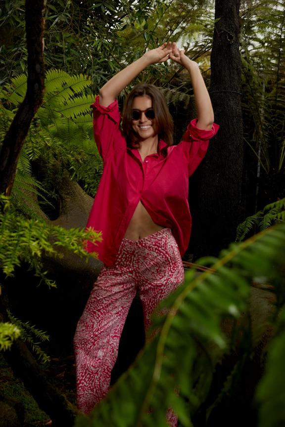 Fuchsia Loose Buttoned Blouse Long Sleeves - Rose