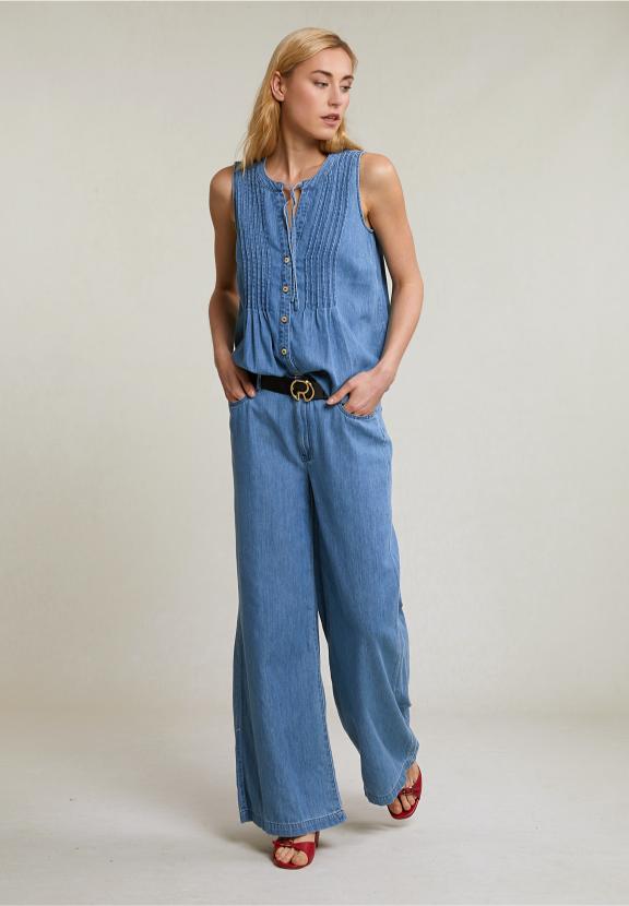 Denim Buttoned Top With Bow - Denim