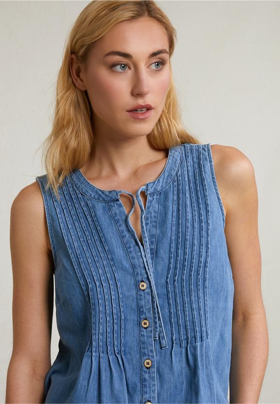 Denim Buttoned Top With Bow - Denim