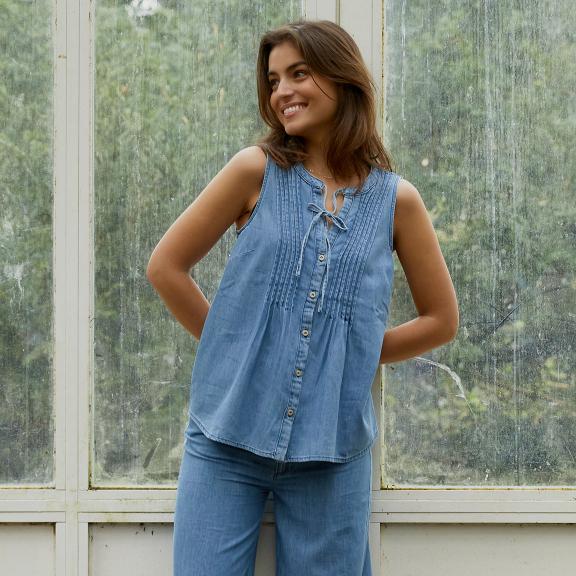 Denim Buttoned Top With Bow - Denim