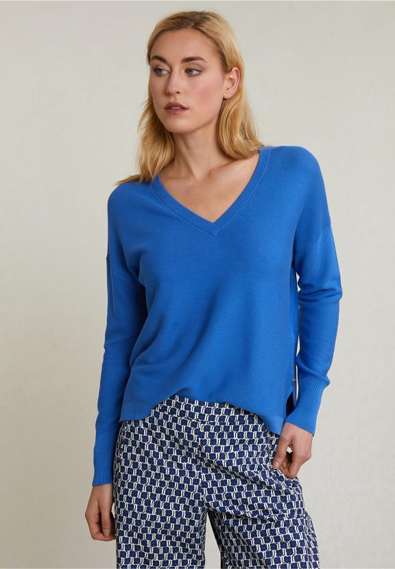 Blue Basic V-Neck Sweater Long Sleeves - Bleu