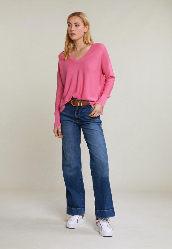 Pink Basic V-Neck Sweater Long Sleeves - Rose