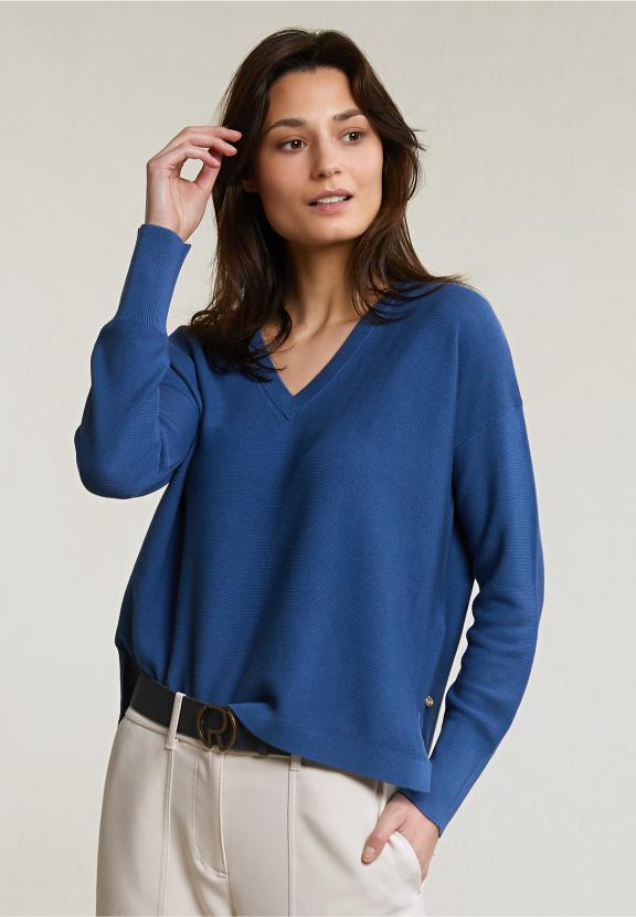 Blue Basic V-Neck Sweater Long Sleeves - Bleu