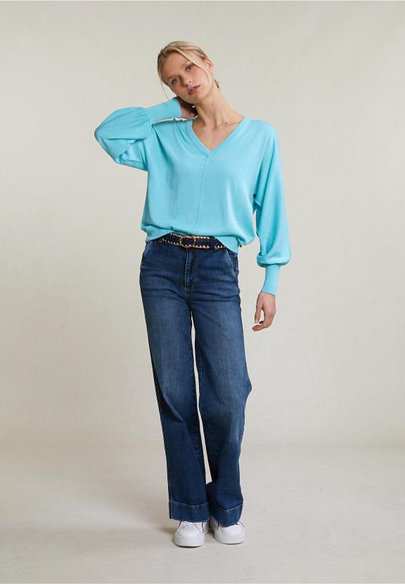 Turquoise V-Neck Sweater Long Sleeves - Bleu