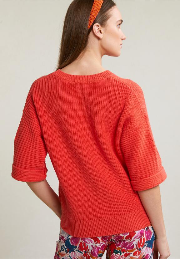 Orange Cotton Round Neck Sweater - Orange