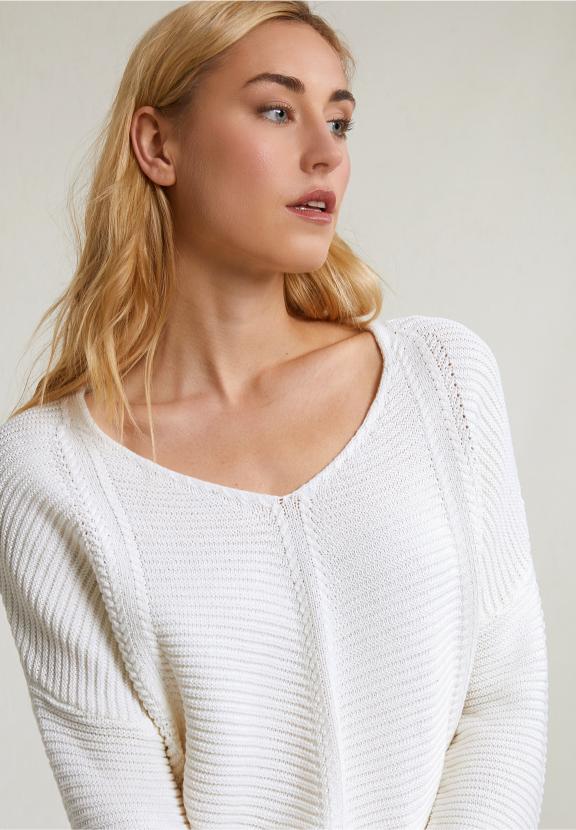 Off White V-Neck Sweater Long Sleeves - Blanc