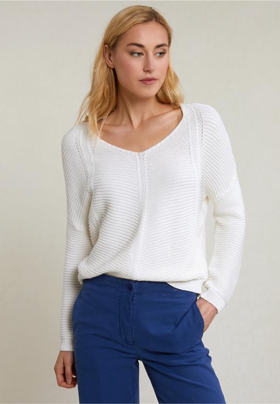 Off White V-Neck Sweater Long Sleeves - Blanc