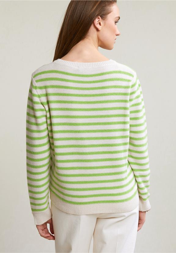 Cream/Green Striped Crew Neck Sweater - Vert