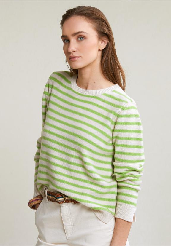 Cream/Green Striped Crew Neck Sweater - Vert