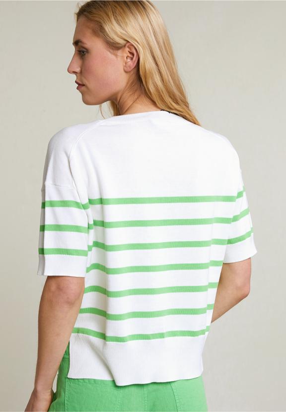 Off White/Green Stiped Sweater Short Sleeves - Vert