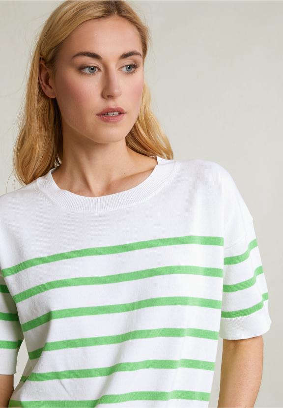 Off White/Green Stiped Sweater Short Sleeves - Vert