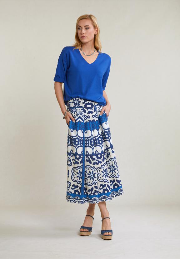 Blue V-Neck Viscose Sweater Short Sleeves - Bleu