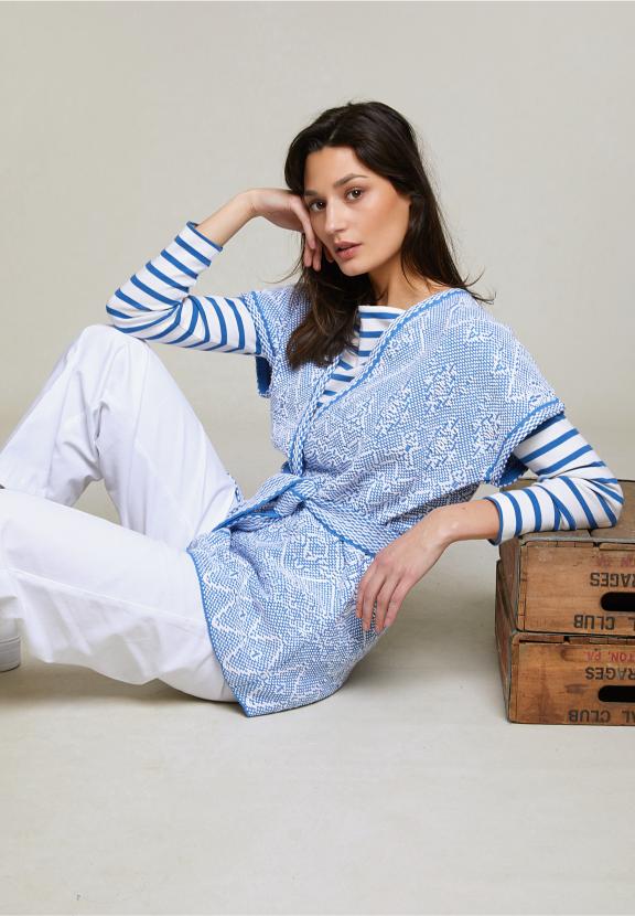 Blue/White Sleeveless Kimono With Belt - Bleu