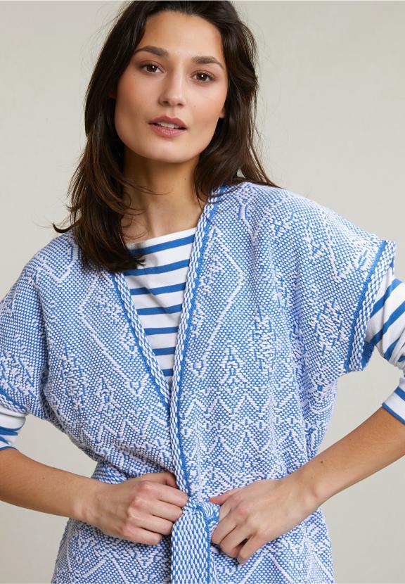 Blue/White Sleeveless Kimono With Belt - Bleu