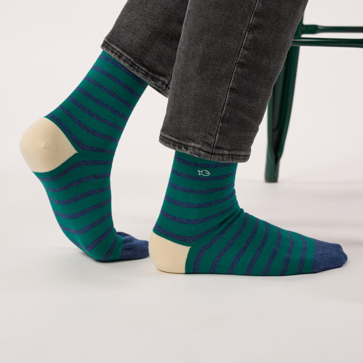 Chaussettes rayées en coton peigné - Vert et bleu