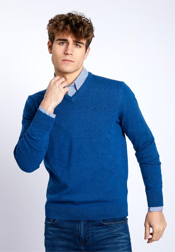 Basic V-Neck Pullover In Blue - Bleu