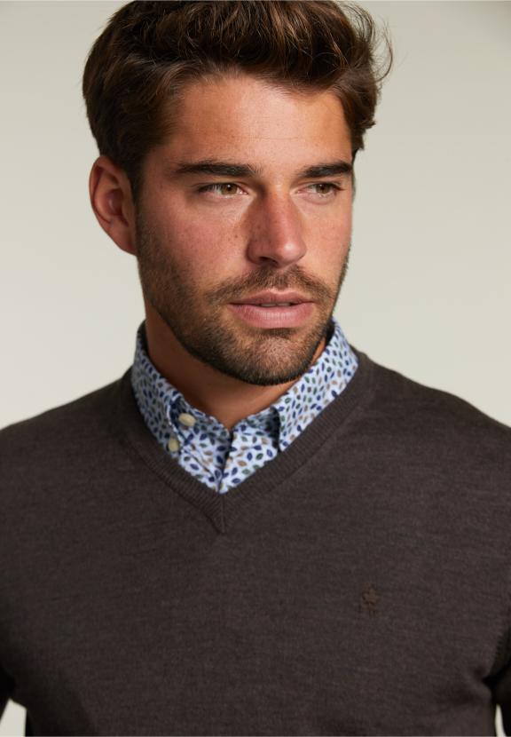 Pull en V sur mesure en mérinos Barrel Mix - Marron - RM22W-C9952_A-000 - W