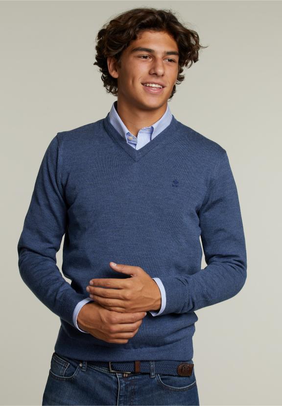 Pull en V sur mesure en mérinos mélange denim - bleu - W