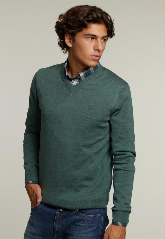 Custom Fit Merino V-Neck Pullover Cottage Mix - Kaki