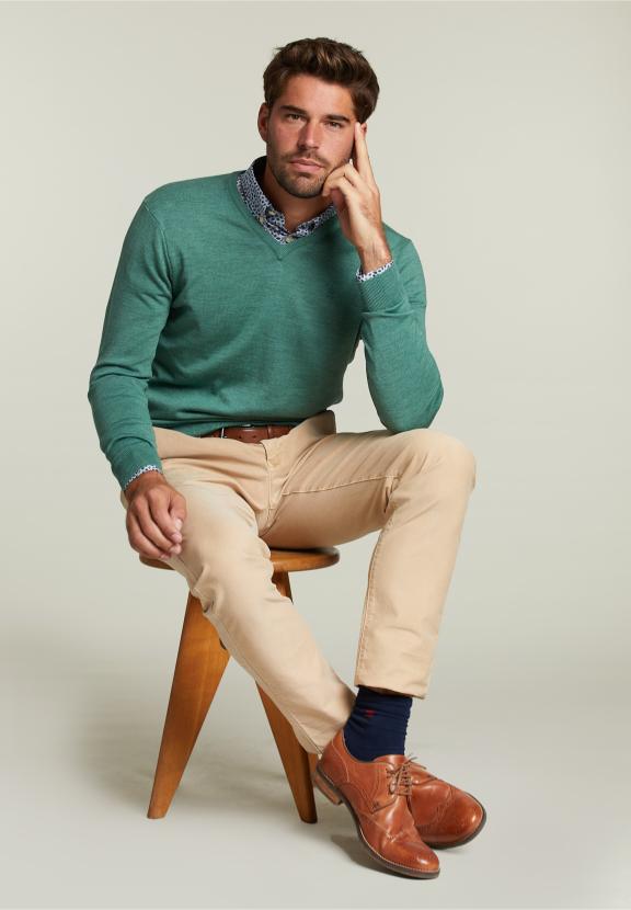 Custom Fit Merino V-Neck Pullover Scotch Mix - Vert