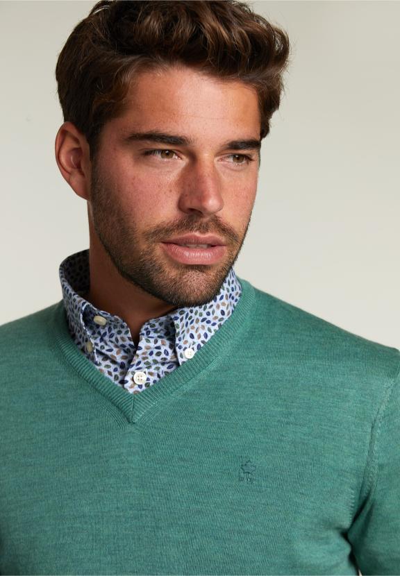 Custom Fit Merino V-Neck Pullover Scotch Mix - Vert