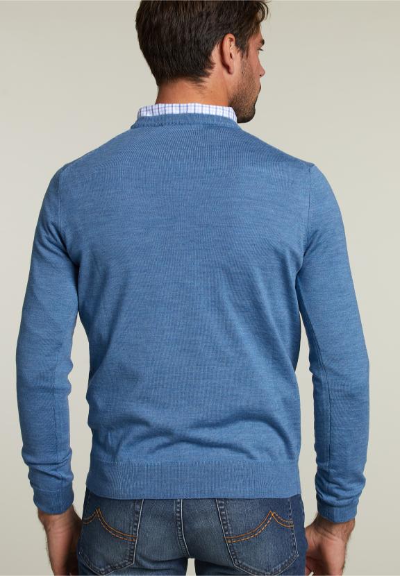Pull Col Rond Sur Mesure en Laine Mérinos Wall Street Mix - Bleu - W