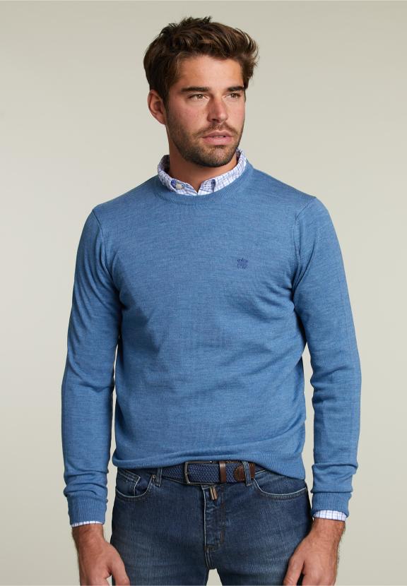 Pull Col Rond Sur Mesure en Laine Mérinos Wall Street Mix - Bleu - W