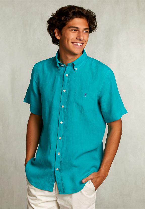 Custom Fit Linen Shirt Short Sleeves Lime - Vert