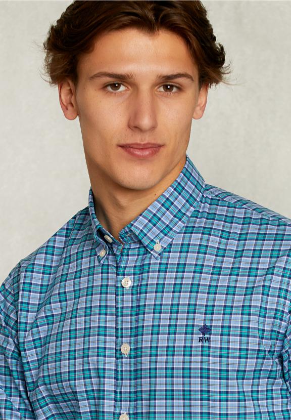 Custom Fit Checked Shirt Blue/Green - Vert