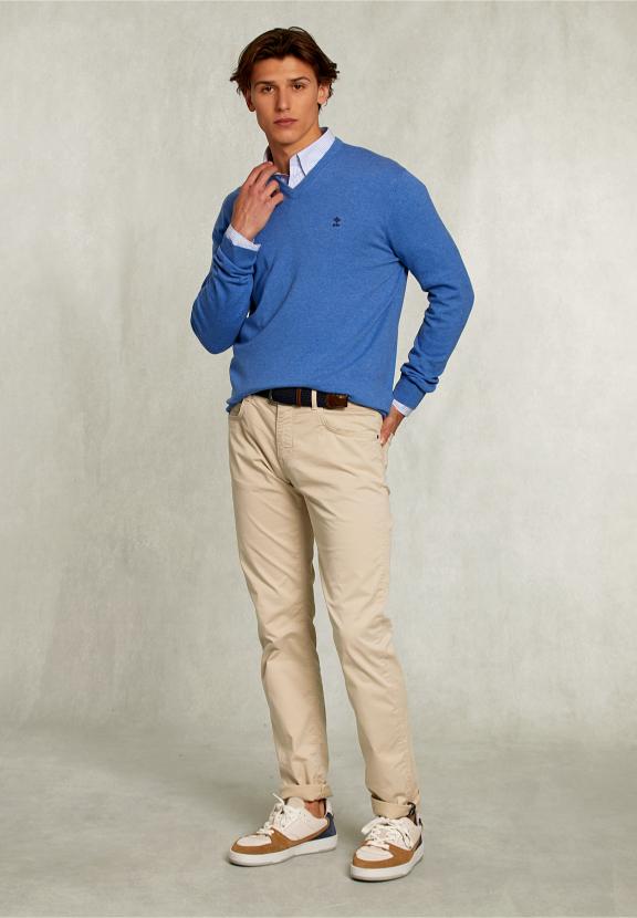 Normal Fit Basic Cotton V-Neck Pullover Bluetiful Mix - Bleu