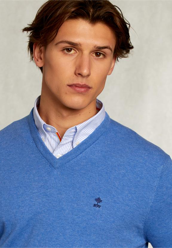 Normal Fit Basic Cotton V-Neck Pullover Bluetiful Mix - Bleu