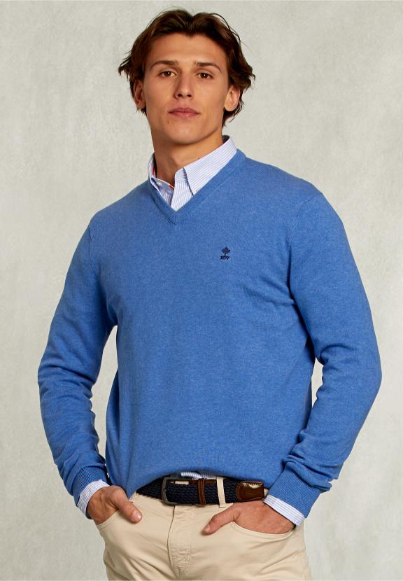 Normal Fit Basic Cotton V-Neck Pullover Bluetiful Mix - Bleu