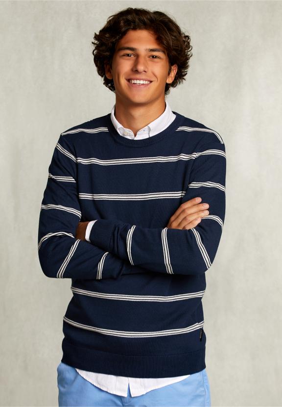 Slim Fit Striped Pima Cotton Sweater French Dark Mix - Bleu