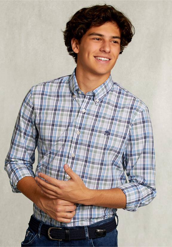 Custom Fit Checked Shirt Green/Blue - Bleu