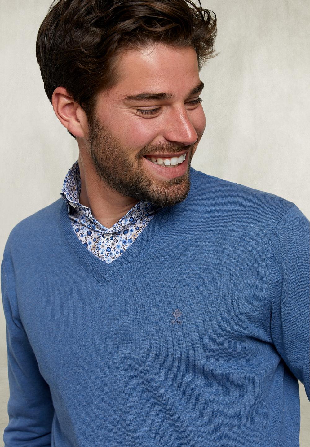 Basic V-Neck Pullover Dark Denim Mix - Bleu