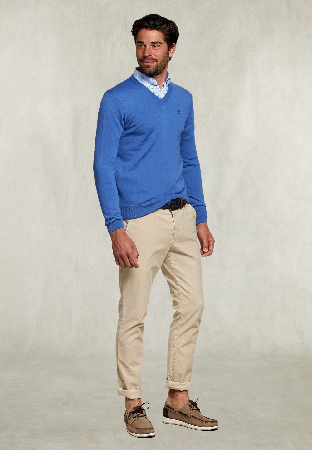 Basic Merino V-Neck Pullover Blue Bird - Bleu