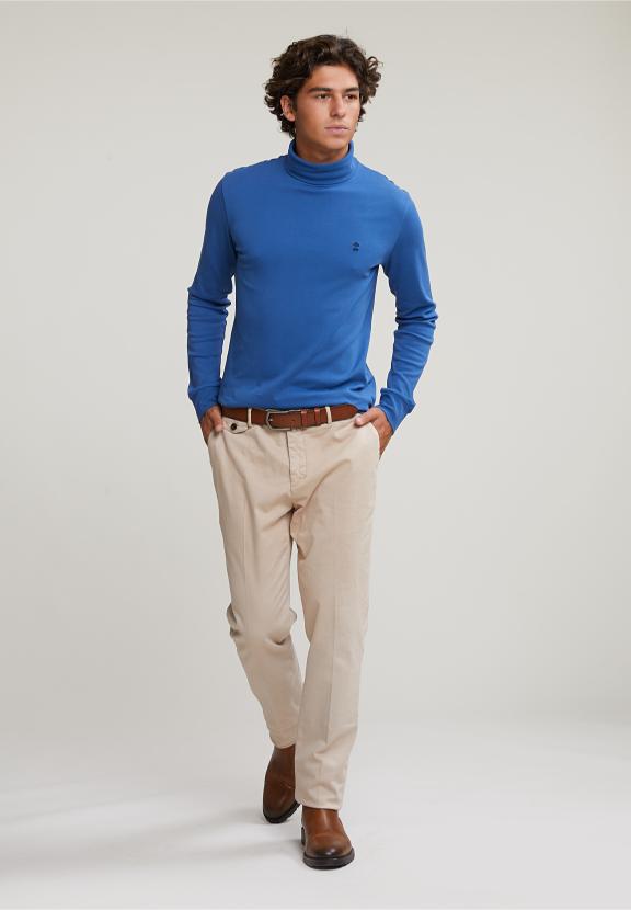 Cotton Roll Neck T-Shirt Long Sleeves Crown Blue - Bleu