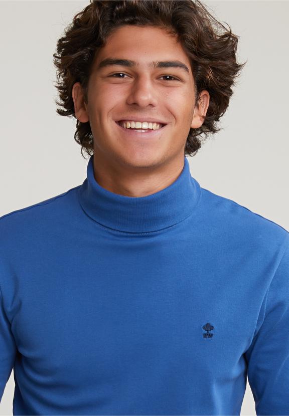 Cotton Roll Neck T-Shirt Long Sleeves Crown Blue - Bleu
