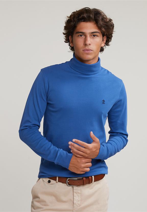 Cotton Roll Neck T-Shirt Long Sleeves Crown Blue - Bleu